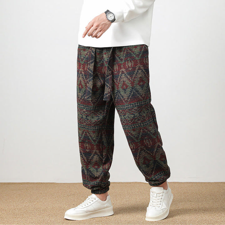 Buddha Stones Ethnic Jacquard Knitting Drawstring Men's Pants With Pockets