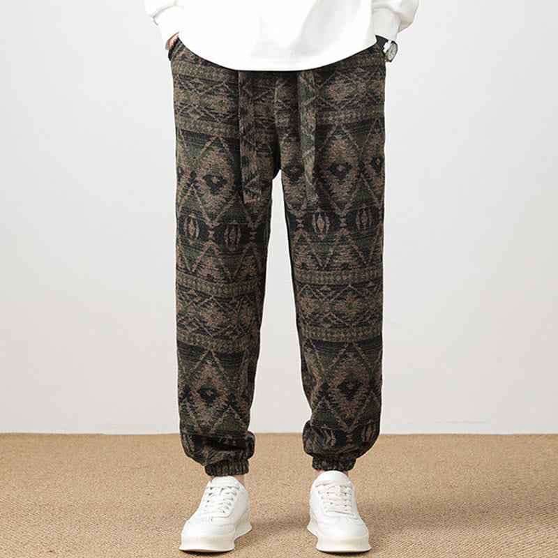 Buddha Stones Ethnic Jacquard Knitting Drawstring Men's Pants With Pockets