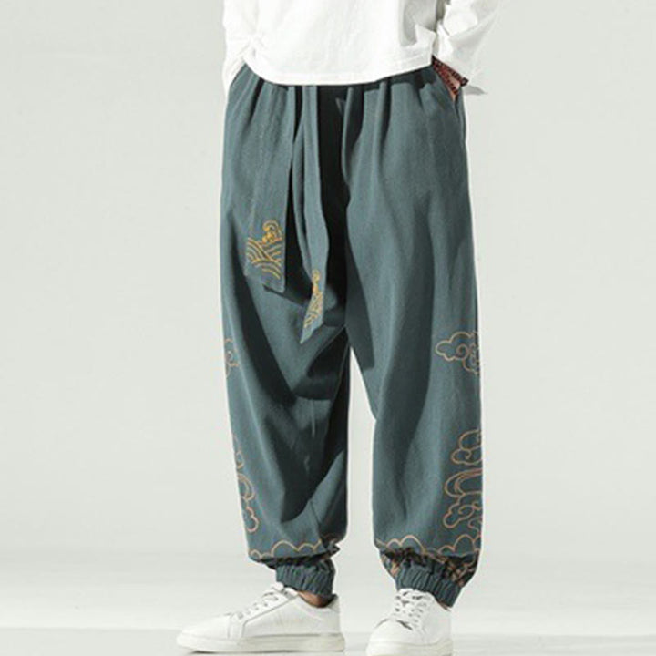 Buddha Stones Auspicious Clouds Cotton Linen Men's Drawstring Harem Pants With Pockets - image 24