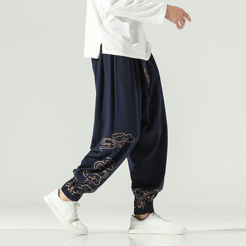 Buddha Stones Auspicious Clouds Cotton Linen Men's Drawstring Harem Pants With Pockets