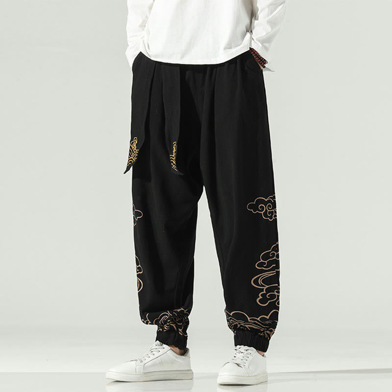 Buddha Stones Auspicious Clouds Cotton Linen Men's Drawstring Harem Pants With Pockets