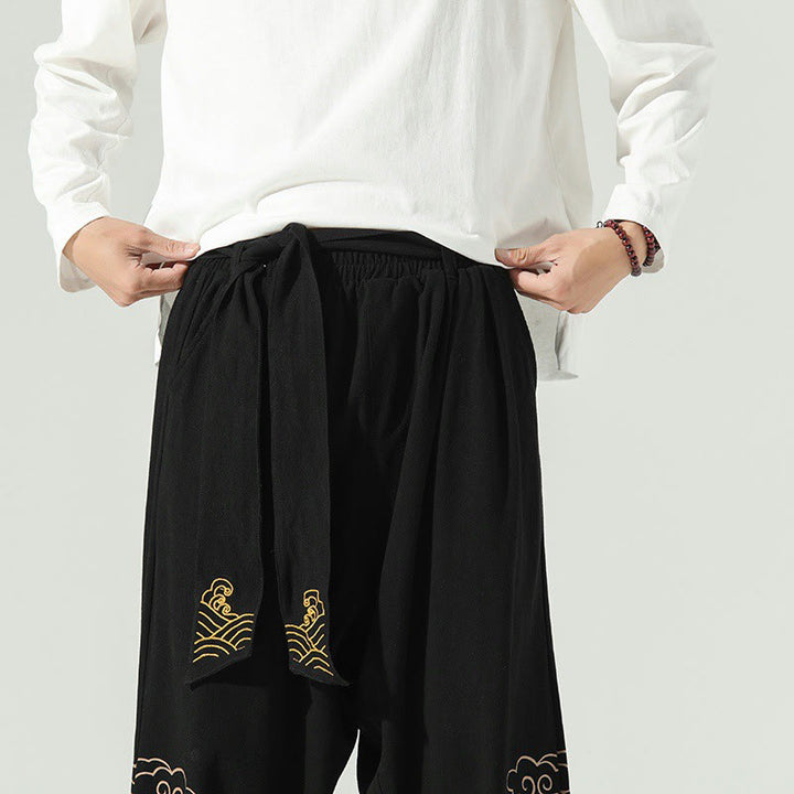 Buddha Stones Auspicious Clouds Cotton Linen Men's Drawstring Harem Pants With Pockets