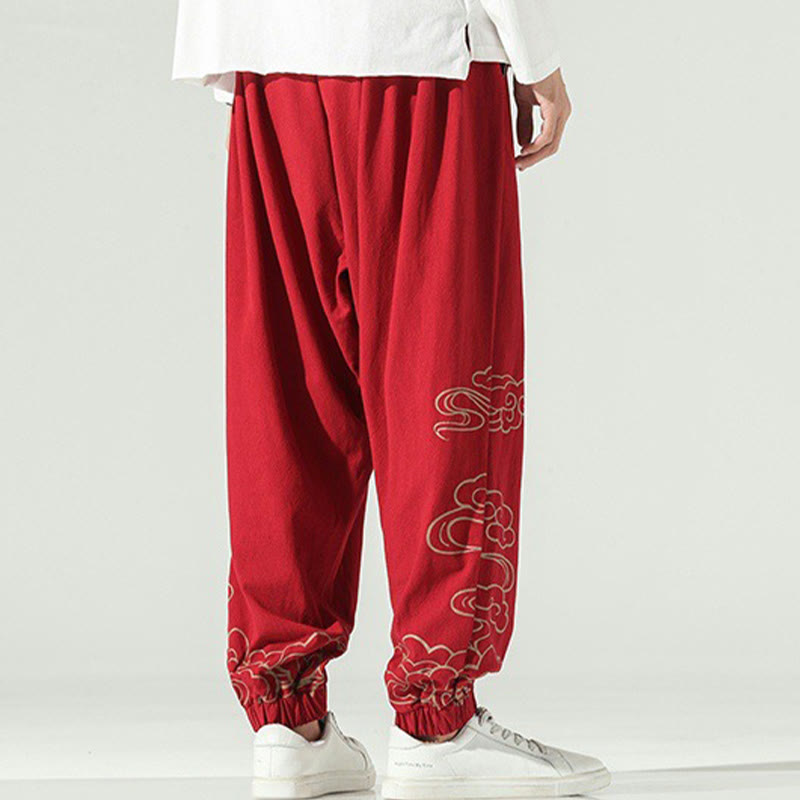 Buddha Stones Auspicious Clouds Cotton Linen Men's Drawstring Harem Pants With Pockets