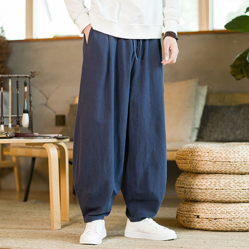 Buddha Stones Solid Color Cotton Linen Drawstring Men's Harem Pants With Pockets - DarkBlue - US/UK/AU46，EU56 (5XL) - image 0