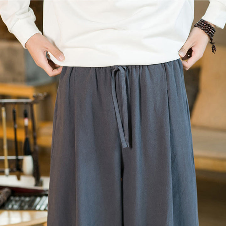 Buddha Stones Solid Color Cotton Linen Drawstring Men's Harem Pants With Pockets - image 37