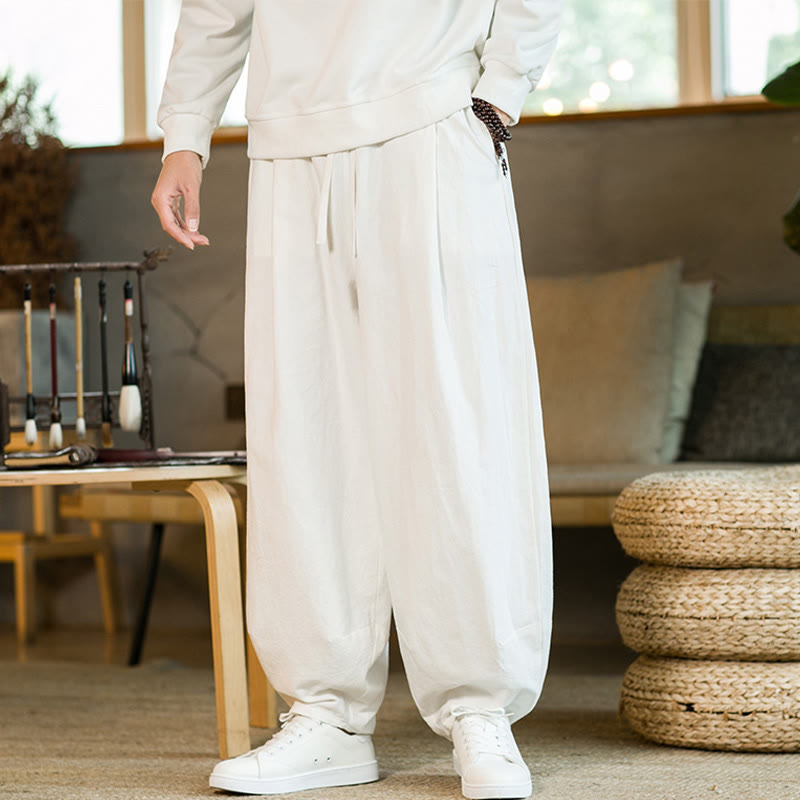 Buddha Stones Solid Color Cotton Linen Drawstring Men's Harem Pants With Pockets - image 22