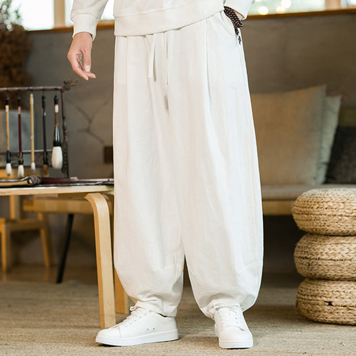 Buddha Stones Solid Color Cotton Linen Drawstring Men's Harem Pants With Pockets - image 20