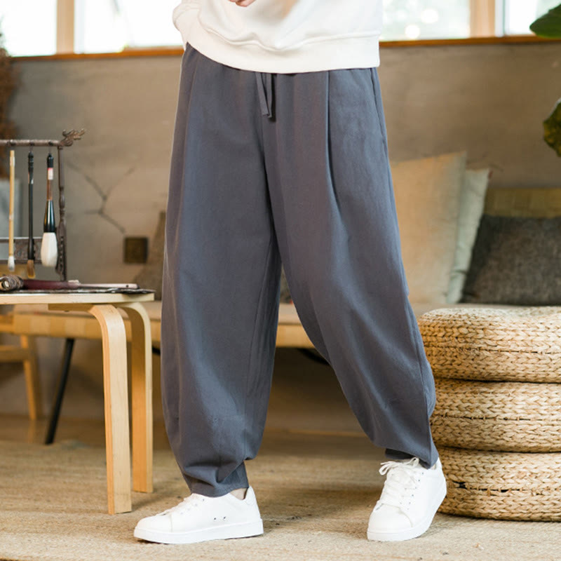 Buddha Stones Solid Color Cotton Linen Drawstring Men's Harem Pants With Pockets - image 35