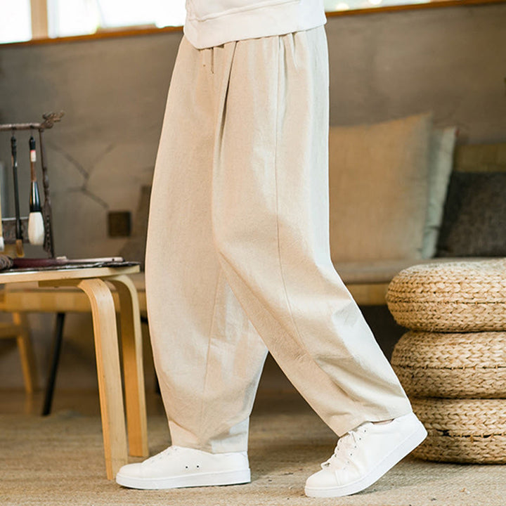 Buddha Stones Solid Color Cotton Linen Drawstring Men's Harem Pants With Pockets - image 30