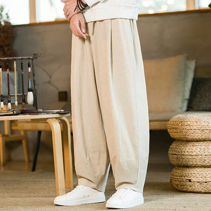 Buddha Stones Solid Color Cotton Linen Drawstring Men's Harem Pants With Pockets - image 26