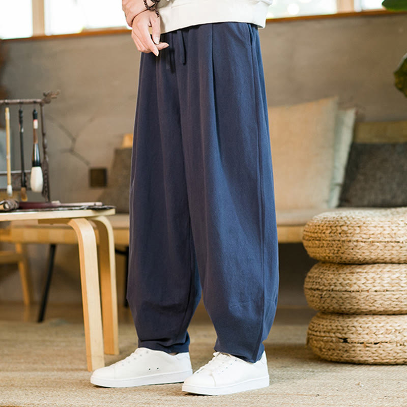 Buddha Stones Solid Color Cotton Linen Drawstring Men's Harem Pants With Pockets