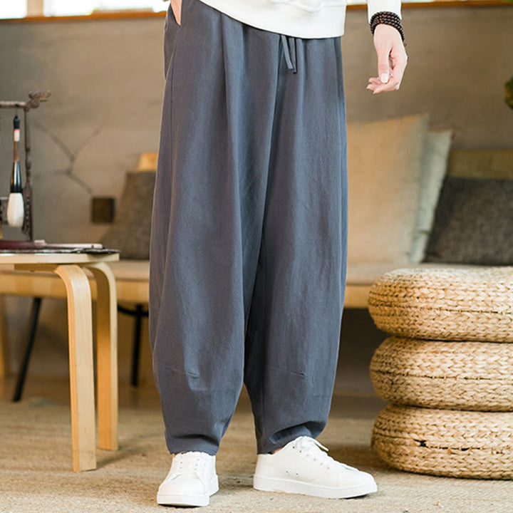 Buddha Stones Solid Color Cotton Linen Drawstring Men's Harem Pants With Pockets