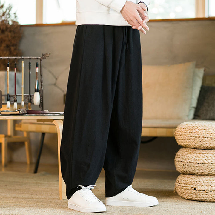 Buddha Stones Solid Color Cotton Linen Drawstring Men's Harem Pants With Pockets - image 12