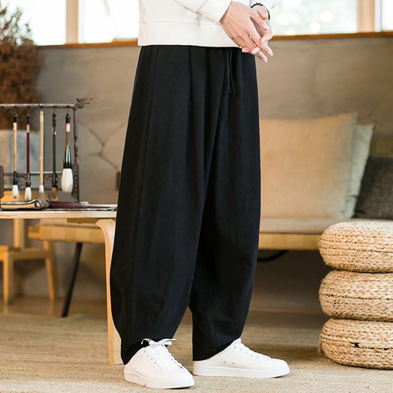 Buddha Stones Solid Color Cotton Linen Drawstring Men's Harem Pants With Pockets - image 12