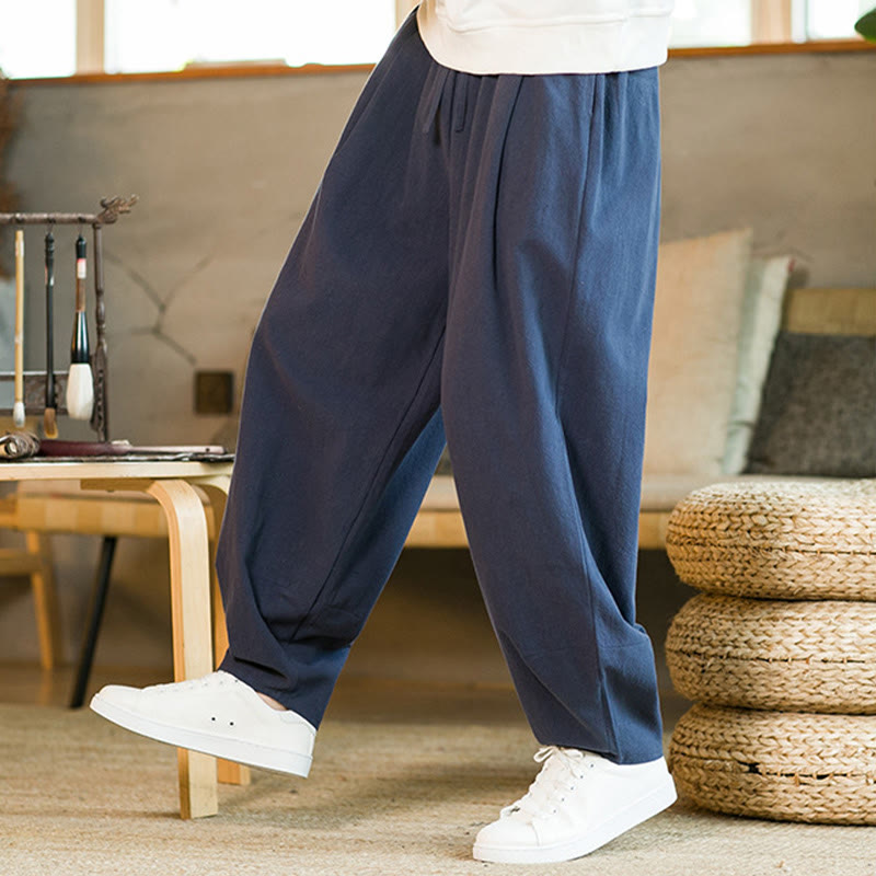 Buddha Stones Solid Color Cotton Linen Drawstring Men's Harem Pants With Pockets - image 2