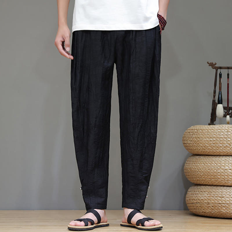 Buddha Stones Bamboo Ankle Frog-button Drawstring Men's Pants With Pockets