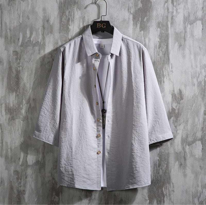 Buddha Stones Casual Solid Color Front Button Three Quarter Sleeves Men's Shirt - Gray - US/UK/AU50，EU60 (7XL) - image 14