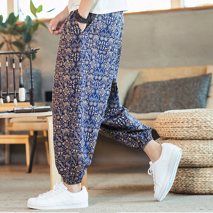 Buddha Stones Golden Mandala Pattern Cotton Linen Drawstring Men's Harem Pants With Pockets - image 1