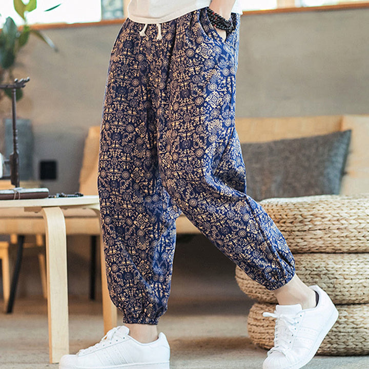 Buddha Stones Golden Mandala Pattern Cotton Linen Drawstring Men's Harem Pants With Pockets - DarkBlue - US/UK/AU46，EU56 (5XL) - image 0