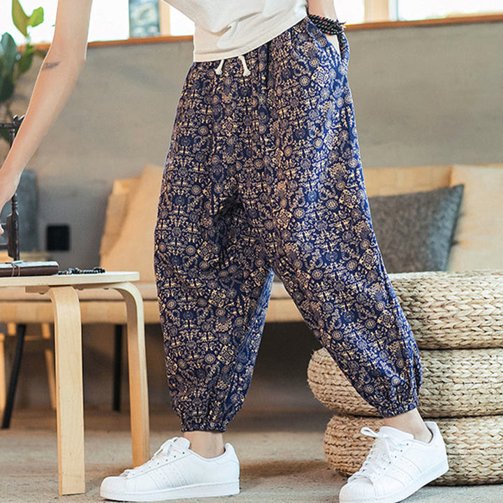 Buddha Stones Golden Mandala Pattern Cotton Linen Drawstring Men's Harem Pants With Pockets - image 2