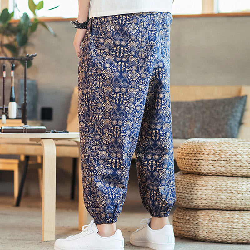 Buddha Stones Golden Mandala Pattern Cotton Linen Drawstring Men's Harem Pants With Pockets