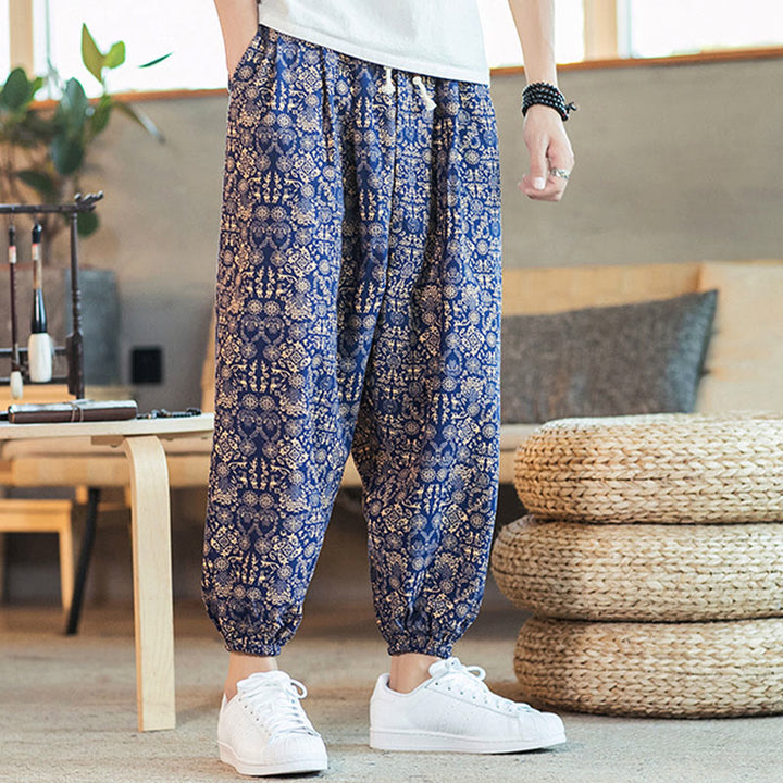 Buddha Stones Golden Mandala Pattern Cotton Linen Drawstring Men's Harem Pants With Pockets