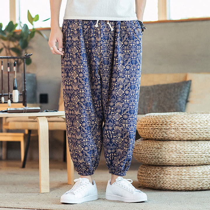 Buddha Stones Golden Mandala Pattern Drawstring Men's Harem Pants With Pockets - image 5