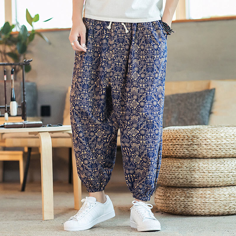 Buddha Stones Golden Mandala Pattern Cotton Linen Drawstring Men's Harem Pants With Pockets