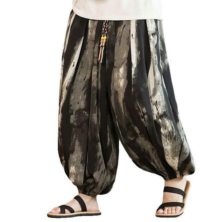 Buddha Stones Black White Ink Gradient Cotton Linen Braided Drawstring Men's Harem Pants With Pockets