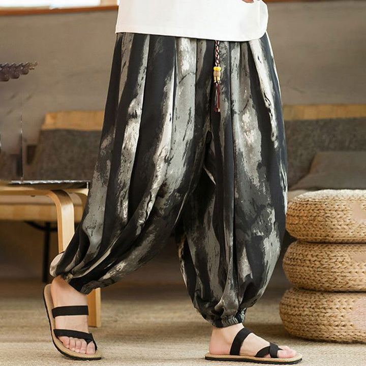 Buddha Stones Black White Ink Gradient Cotton Linen Braided Drawstring Men's Harem Pants With Pockets