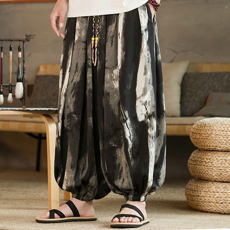 Buddha Stones Black White Ink Gradient Braided Drawstring Men's Harem Pants With Pockets - image 3