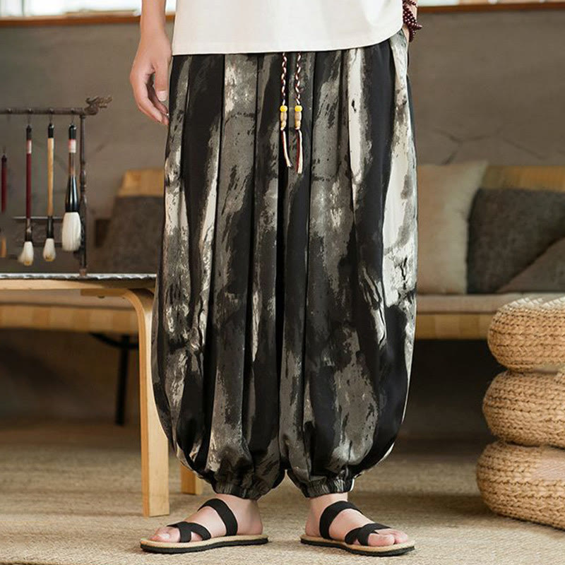 Buddha Stones Black White Ink Gradient Cotton Linen Braided Drawstring Men's Harem Pants With Pockets - image 2