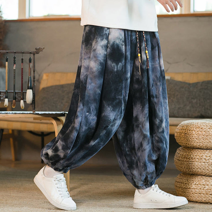 Buddha Stones Ink Tie-dye Braided Drawstring Corduroy Cotton Men's Harem Pants With Pockets