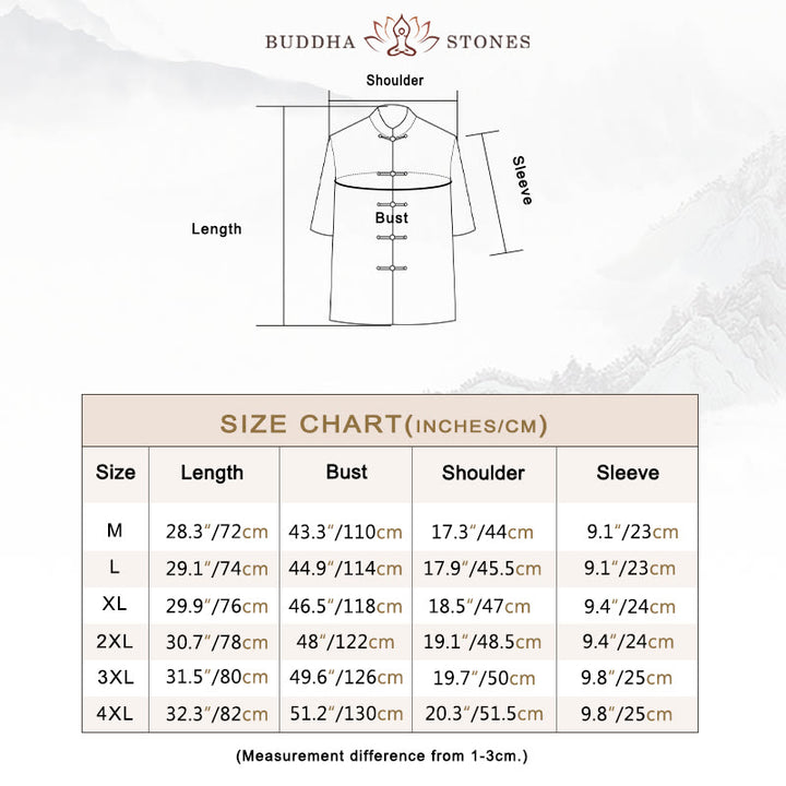 Buddha Stones Frog-Button Fu Character Dragon Bamboo Leaf Chinese Tang Suit Short Sleeve Shirt Linen With Pockets