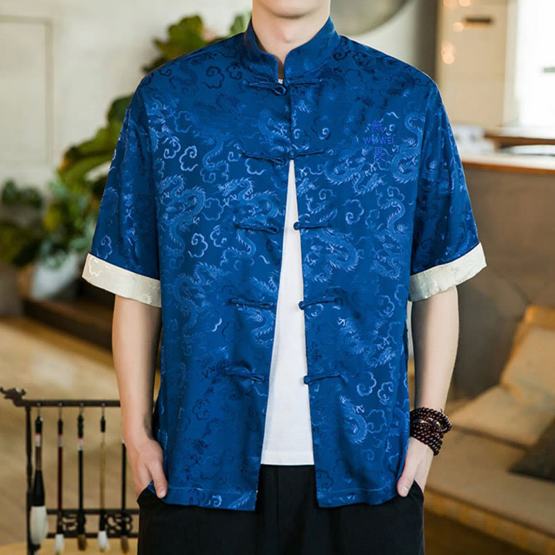 Buddha Stones Chinese Tang Suit Frog-button Dragon Print Men's Half Sleeve Shirts