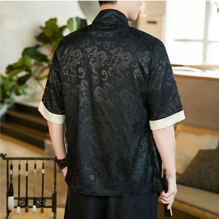 Buddha Stones Chinese Tang Suit Frog-button Dragon Print Men's Half Sleeve Shirts