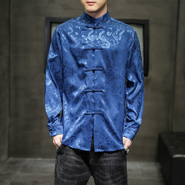 Buddha Stones Casual Dragon Pattern Frog-button Tang Suit Linen Men's Jacket Shirt - image 9
