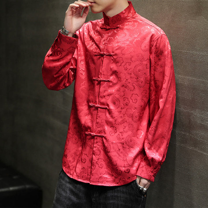 Buddha Stones Casual Dragon Pattern Frog-button Tang Suit Linen Men's Jacket Shirt