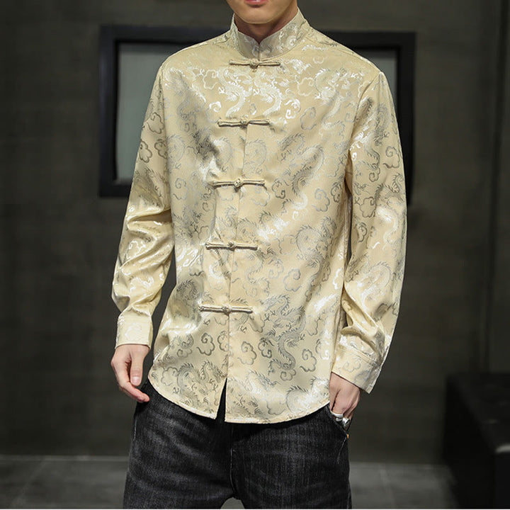 Buddha Stones Casual Dragon Pattern Frog-button Tang Suit Linen Men's Jacket Shirt