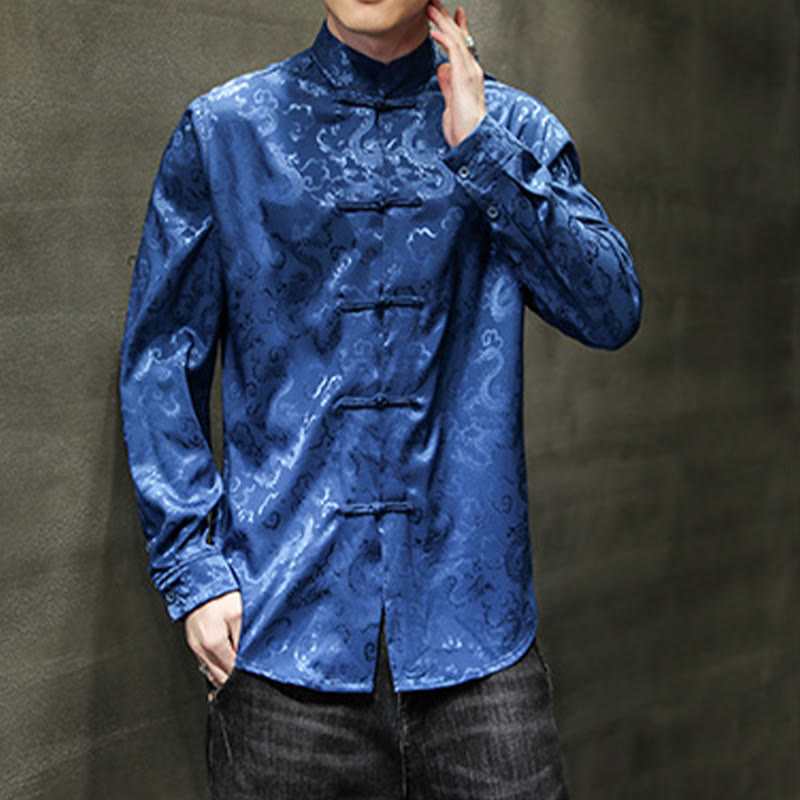 Buddha Stones Casual Dragon Pattern Frog-button Tang Suit Linen Men's Jacket Shirt - image 2