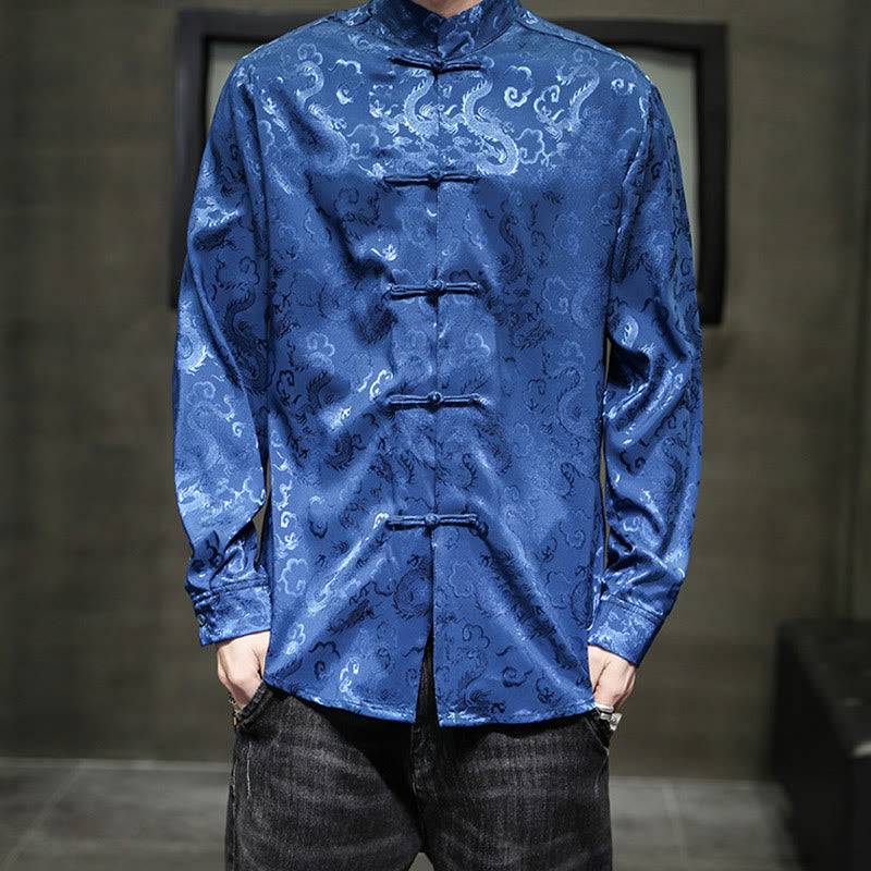 Buddha Stones Casual Dragon Pattern Frog-button Tang Suit Linen Men's Jacket Shirt - image 1
