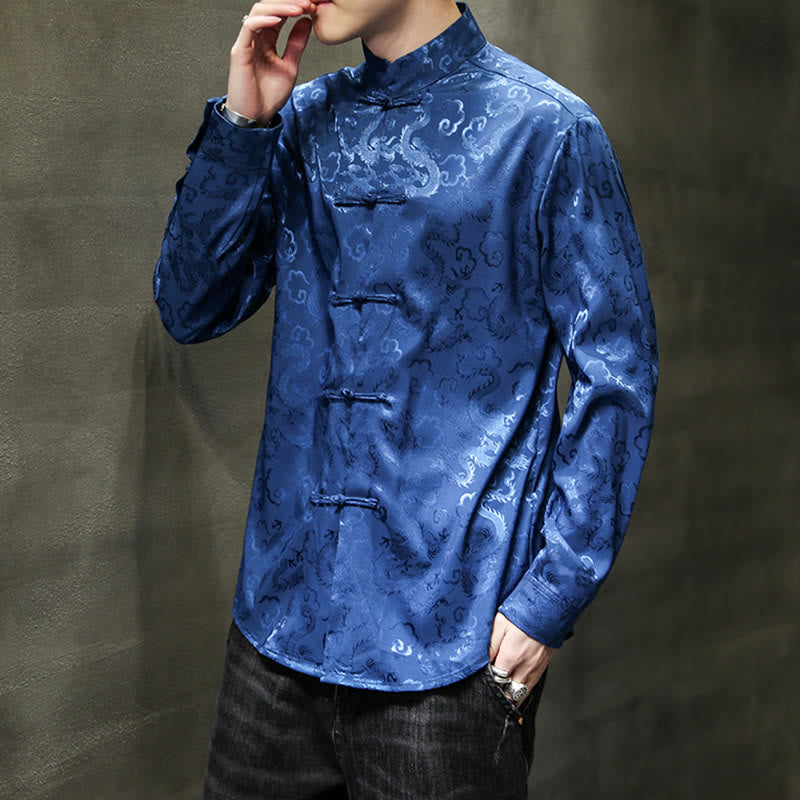 Buddha Stones Casual Dragon Pattern Frog-button Tang Suit Linen Men's Jacket Shirt