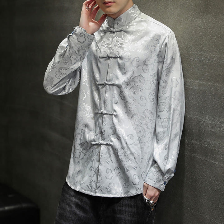 Buddha Stones Casual Dragon Pattern Frog-button Tang Suit Linen Men's Jacket Shirt - image 23