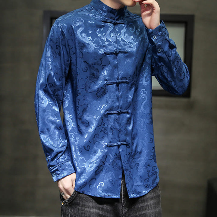 Buddha Stones Casual Dragon Pattern Frog-button Tang Suit Linen Men's Jacket Shirt - image 3