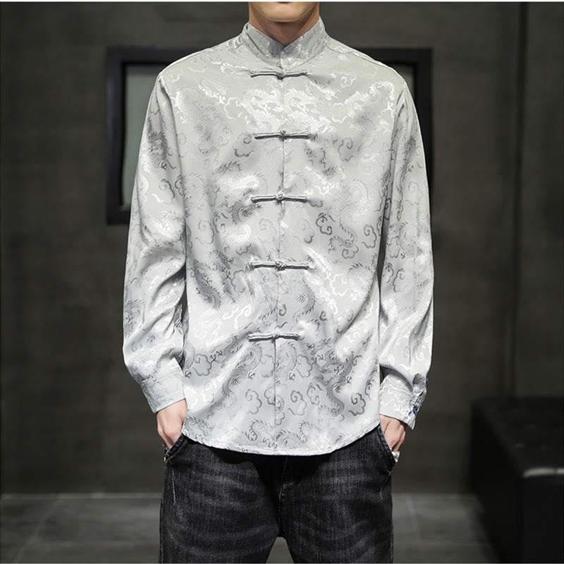 Buddha Stones Casual Dragon Pattern Frog-button Tang Suit Linen Men's Jacket Shirt - Silver - US/UK/AU46，EU56 (5XL) - image 22