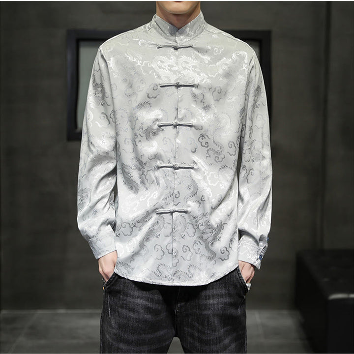 Buddha Stones Casual Dragon Pattern Frog-button Tang Suit Linen Men's Jacket Shirt - Silver - US/UK/AU46，EU56 (5XL) - image 22