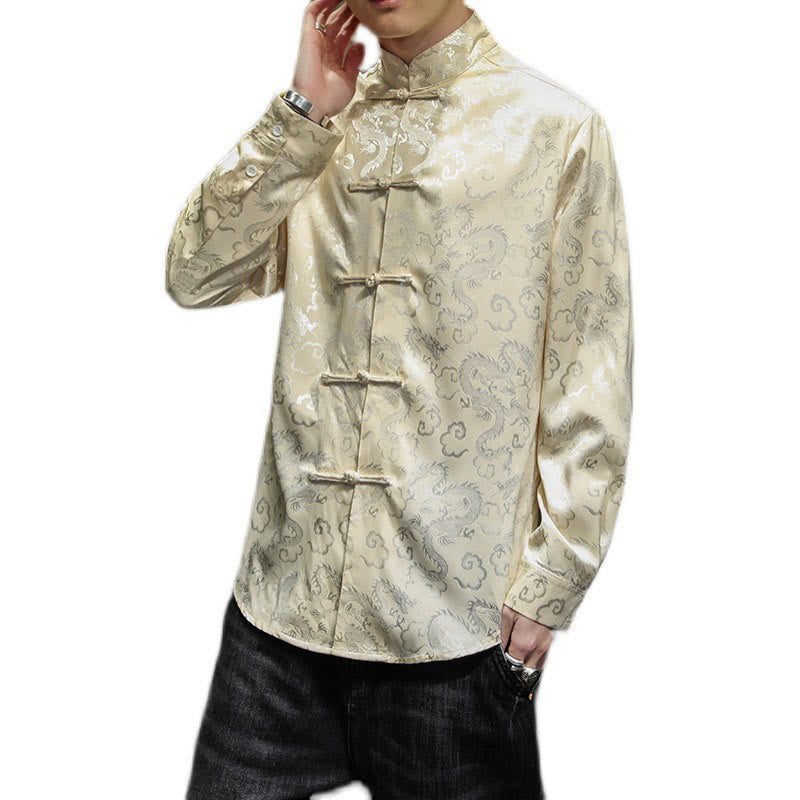 Buddha Stones Casual Dragon Pattern Frog-button Tang Suit Linen Men's Jacket Shirt