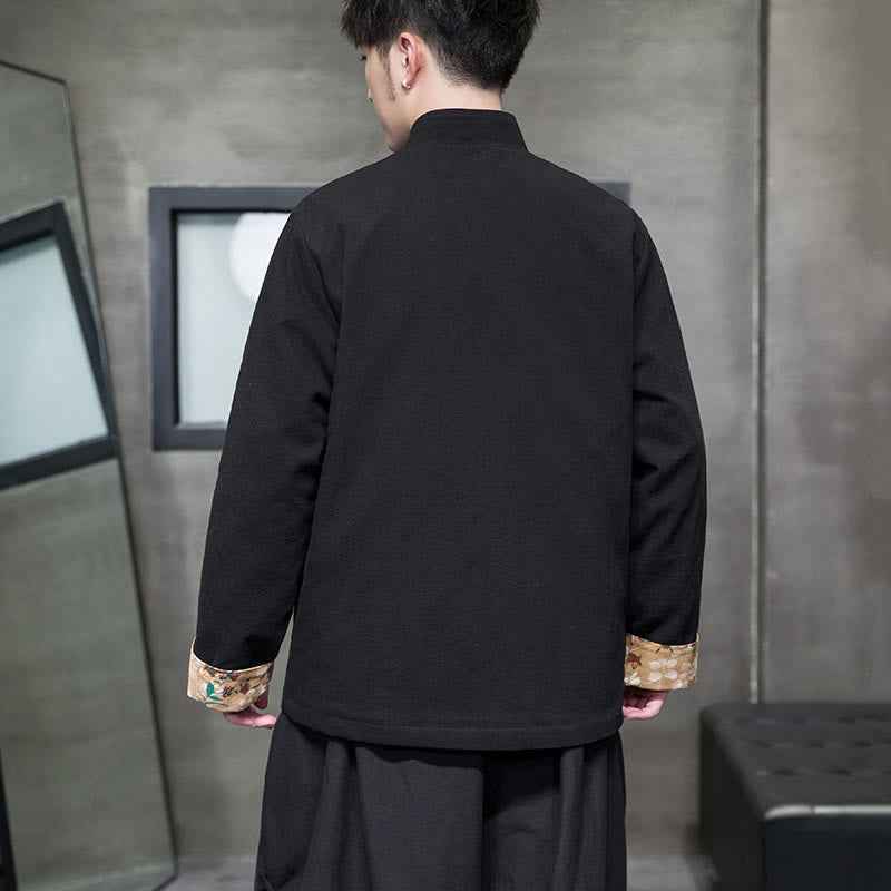 Buddha Stones Plum Blossom Embroidery Cuff Flower Design Frog-button Tang Suit Cotton Linen Men's Jacket Shirt  - image 4