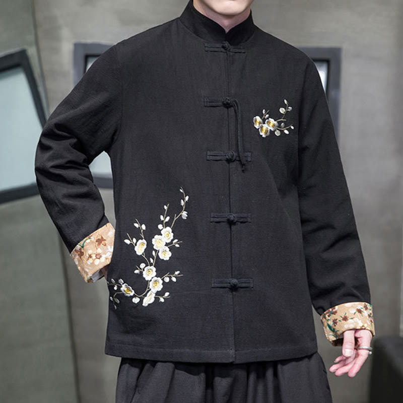 Buddha Stones Plum Blossom Embroidery Cuff Flower Design Frog-button Tang Suit Cotton Linen Men's Jacket Shirt  - image 5