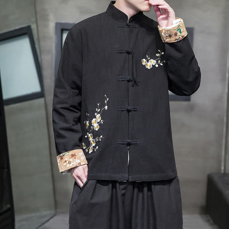 Buddha Stones Plum Blossom Embroidery Cuff Flower Design Frog-button Tang Suit Cotton Linen Men's Jacket Shirt  - image 7